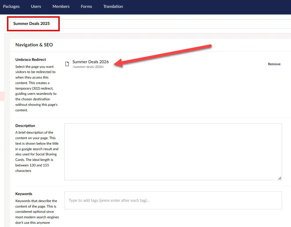 Setting Redirect Page in Umbraco