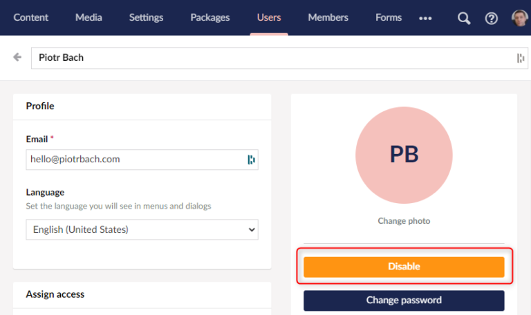 Disabling user in Umbraco back-office panel