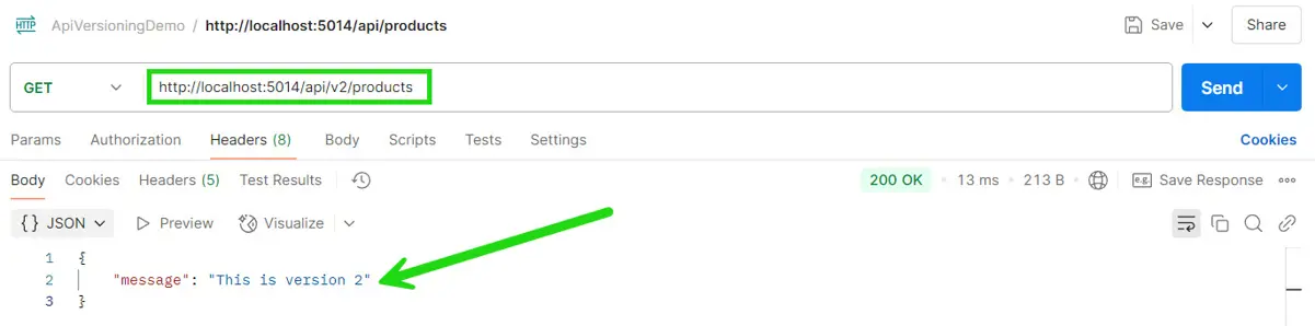 A request to /api/v2/products returning "This is version 2"
