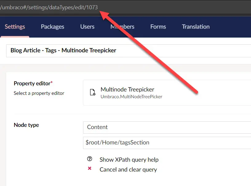 Finding Multinode Treepicker data type identifier in Umbraco Backoffice