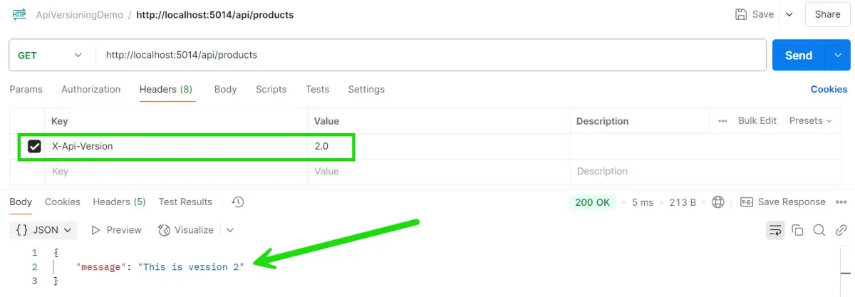 A Postman request with the X-Api-Version header set