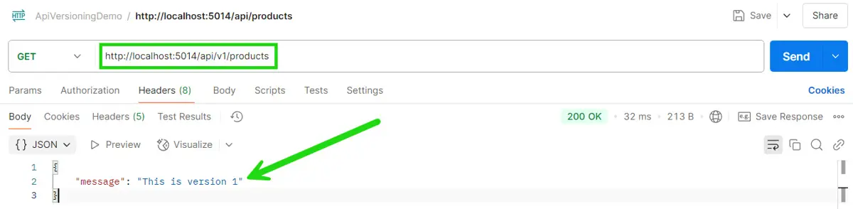 A request to /api/v1/products returning "This is version 1"