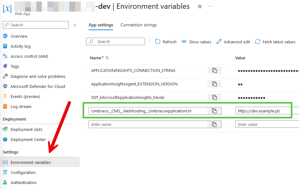 How to set UmbracoApplicationUrl in Azure Web Apps with Environment variables